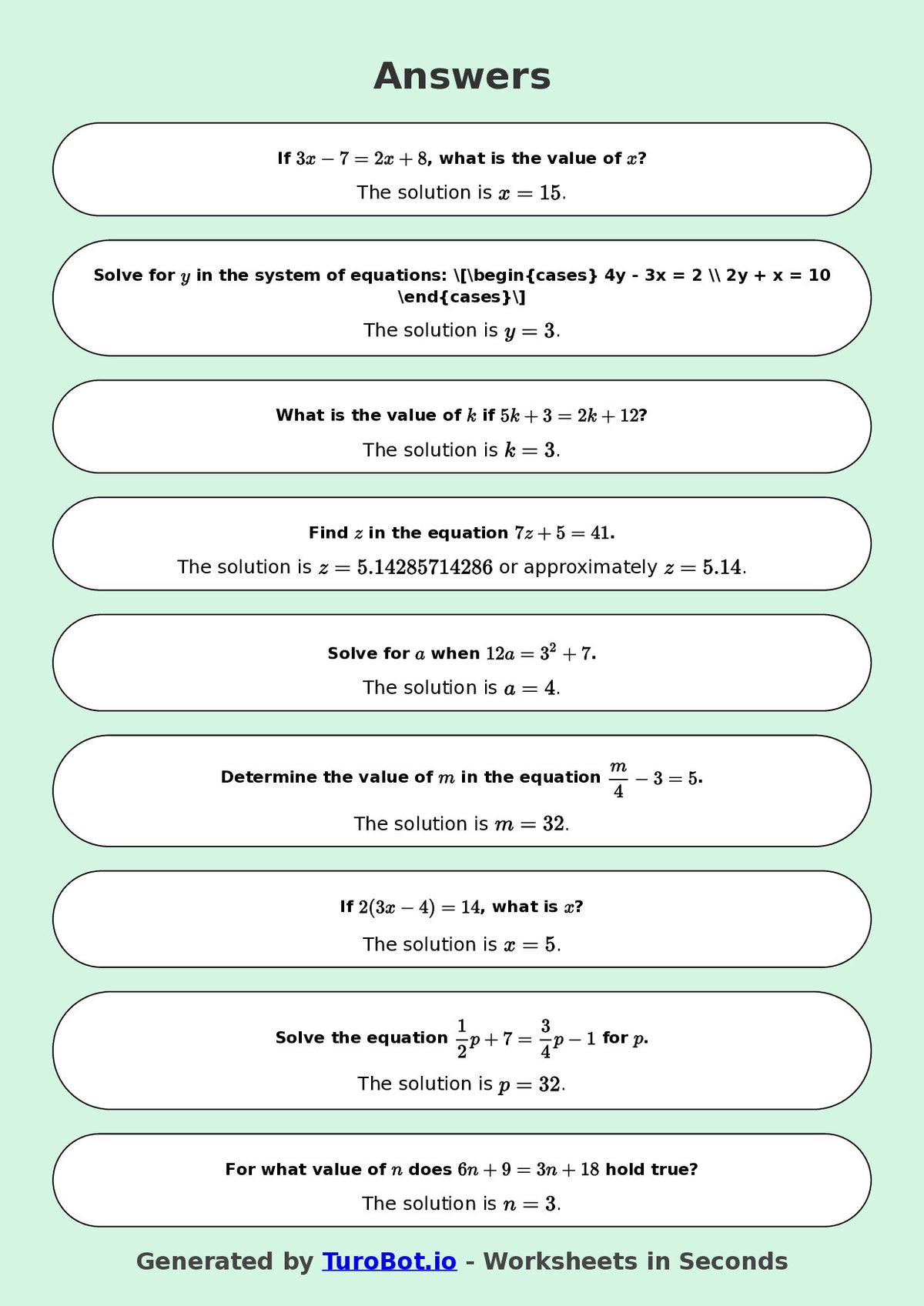 Year 9 Math Worksheet – Balancing Equations 2