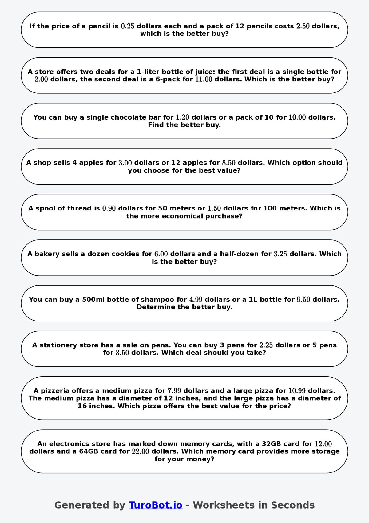 Year 9 Math Worksheet – Best Buy Problems