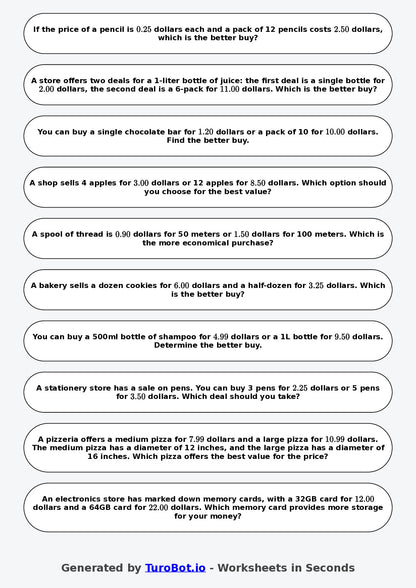 Year 9 Math Worksheet – Best Buy Problems