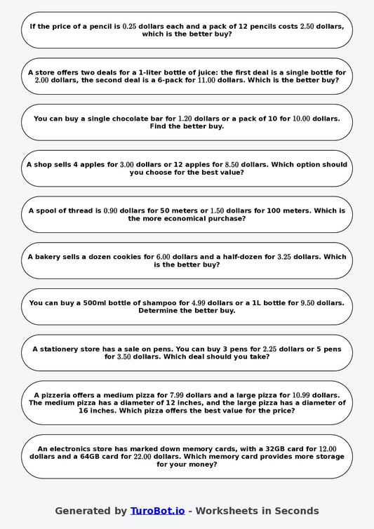 Year 9 Math Worksheet – Best Buy Problems