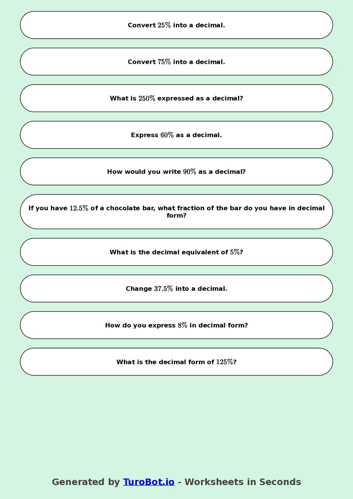 Year 9 Math Worksheet – Convert Percentages to Decimals