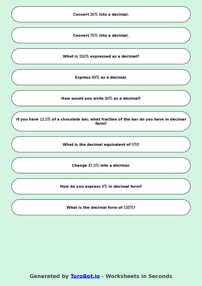 Year 9 Math Worksheet – Convert Percentages to Decimals