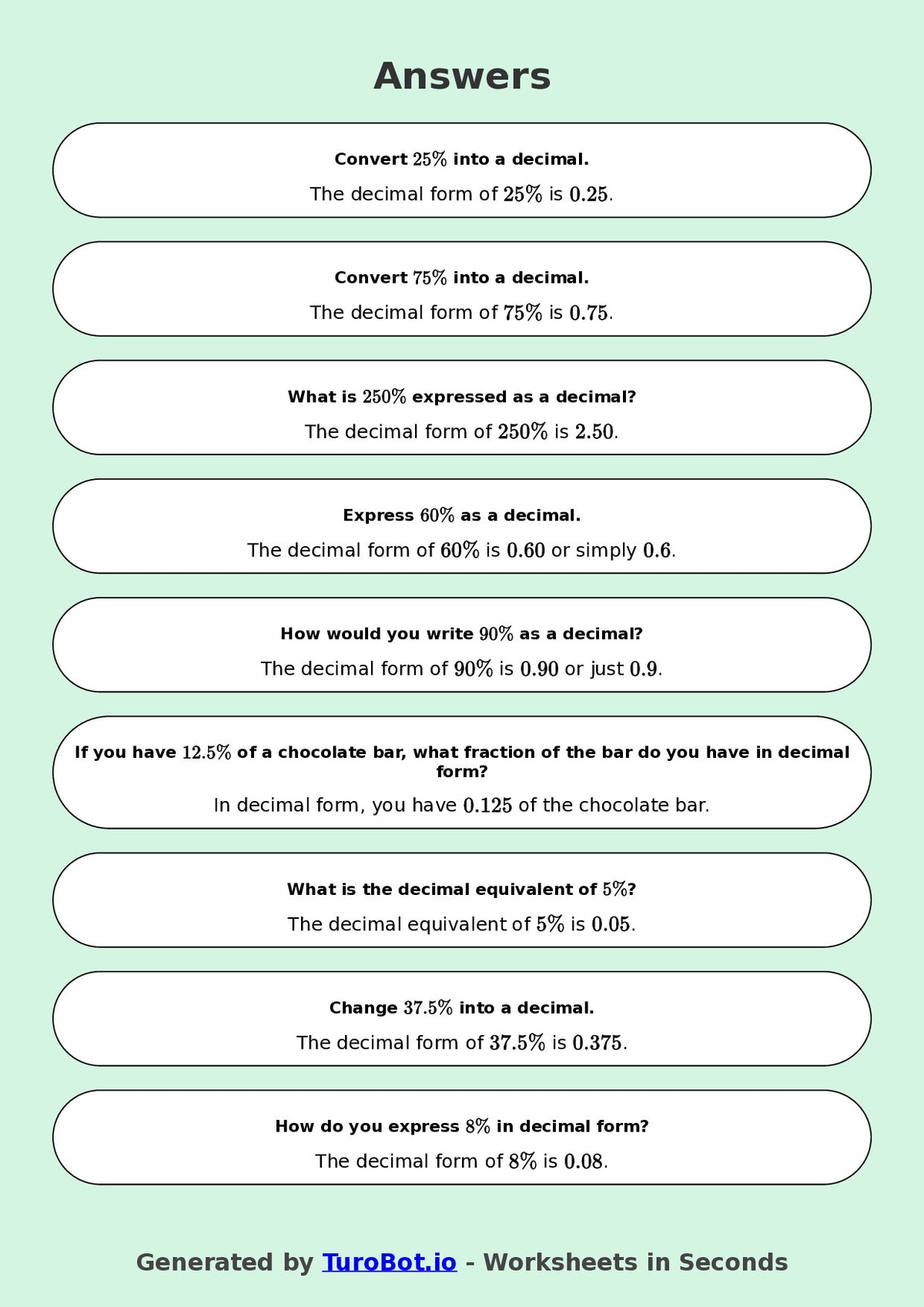 Year 9 Math Worksheet – Convert Percentages to Decimals