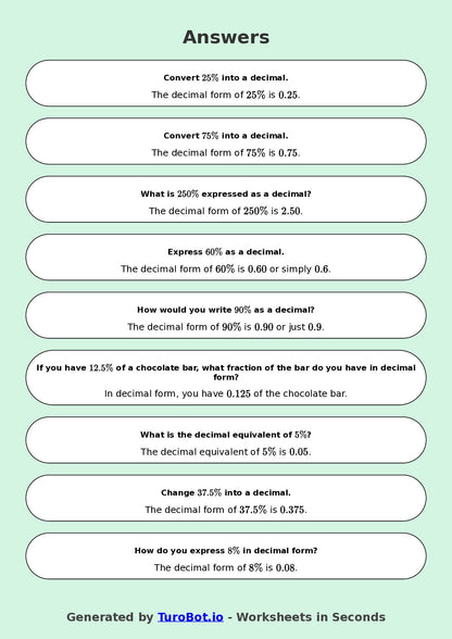 Year 9 Math Worksheet – Convert Percentages to Decimals