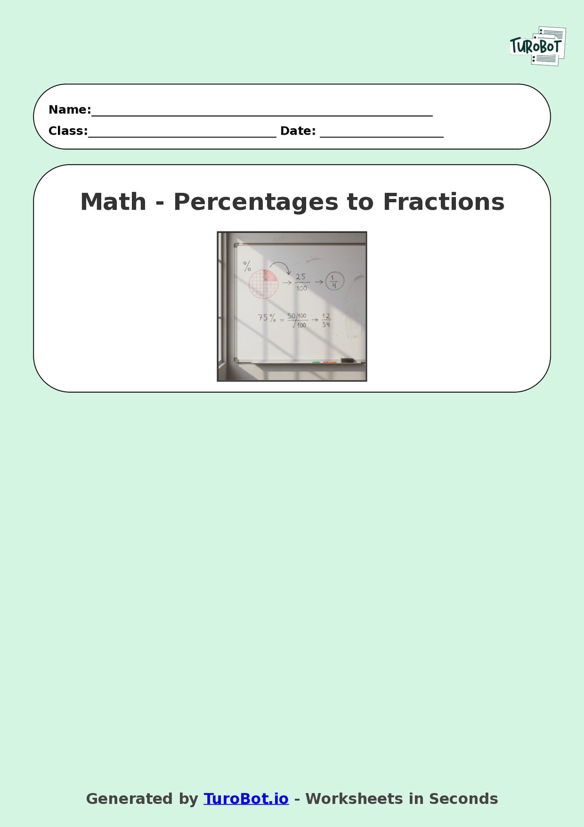 Year 9 Math Worksheet – Convert Percentages to Fractions 2