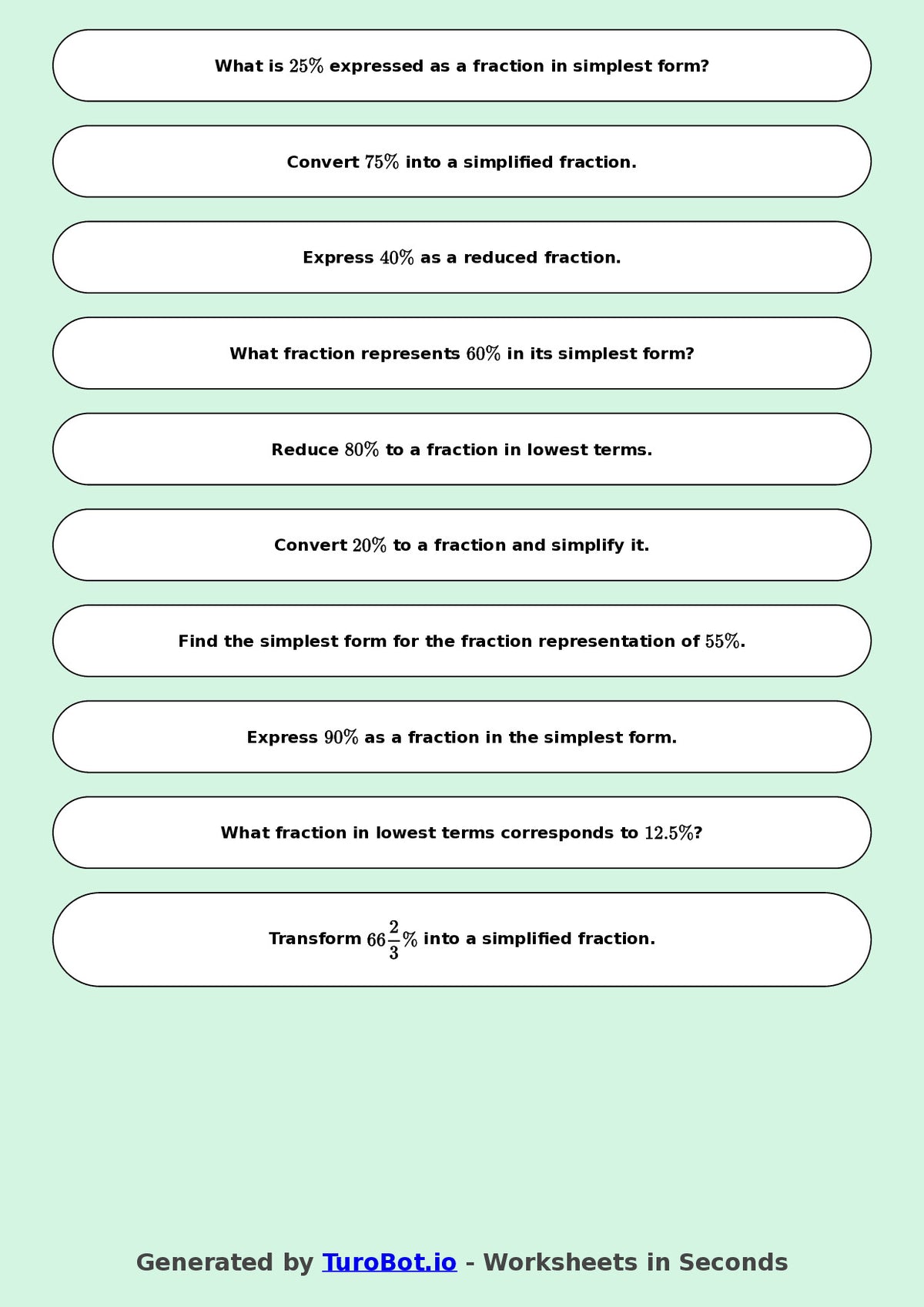 Year 9 Math Worksheet – Convert Percentages to Fractions 2
