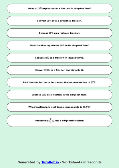 Year 9 Math Worksheet – Convert Percentages to Fractions 2