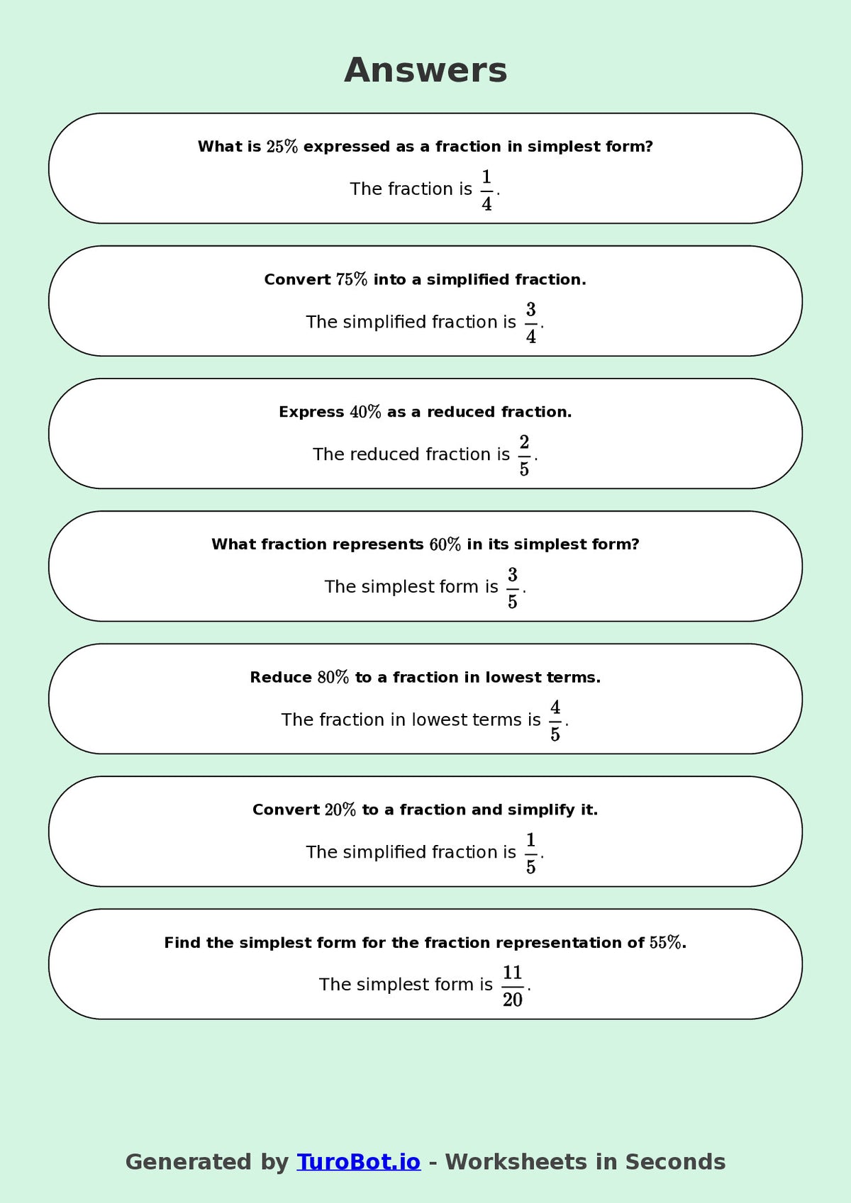 Year 9 Math Worksheet – Convert Percentages to Fractions 2