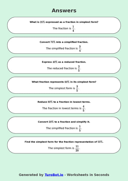 Year 9 Math Worksheet – Convert Percentages to Fractions 2