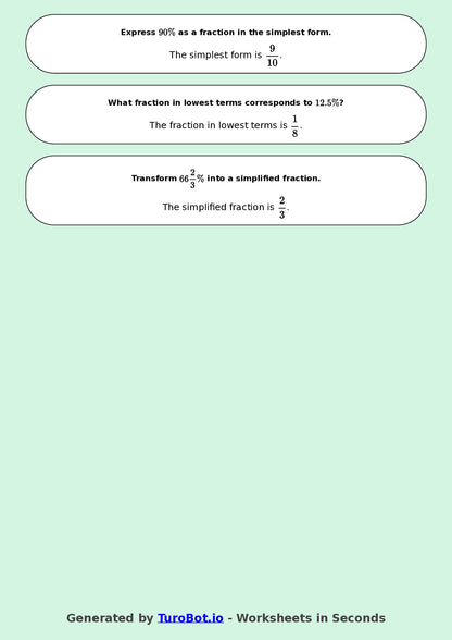 Year 9 Math Worksheet – Convert Percentages to Fractions 2