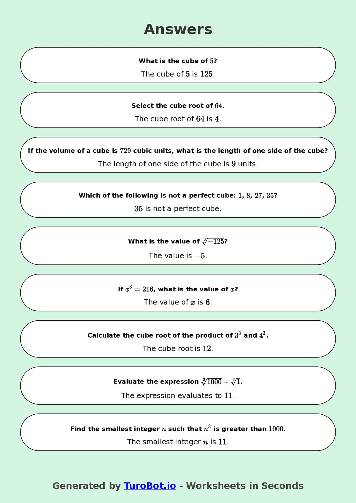 Year 9 Math Worksheet – Cube Numbers and Cube Roots 2