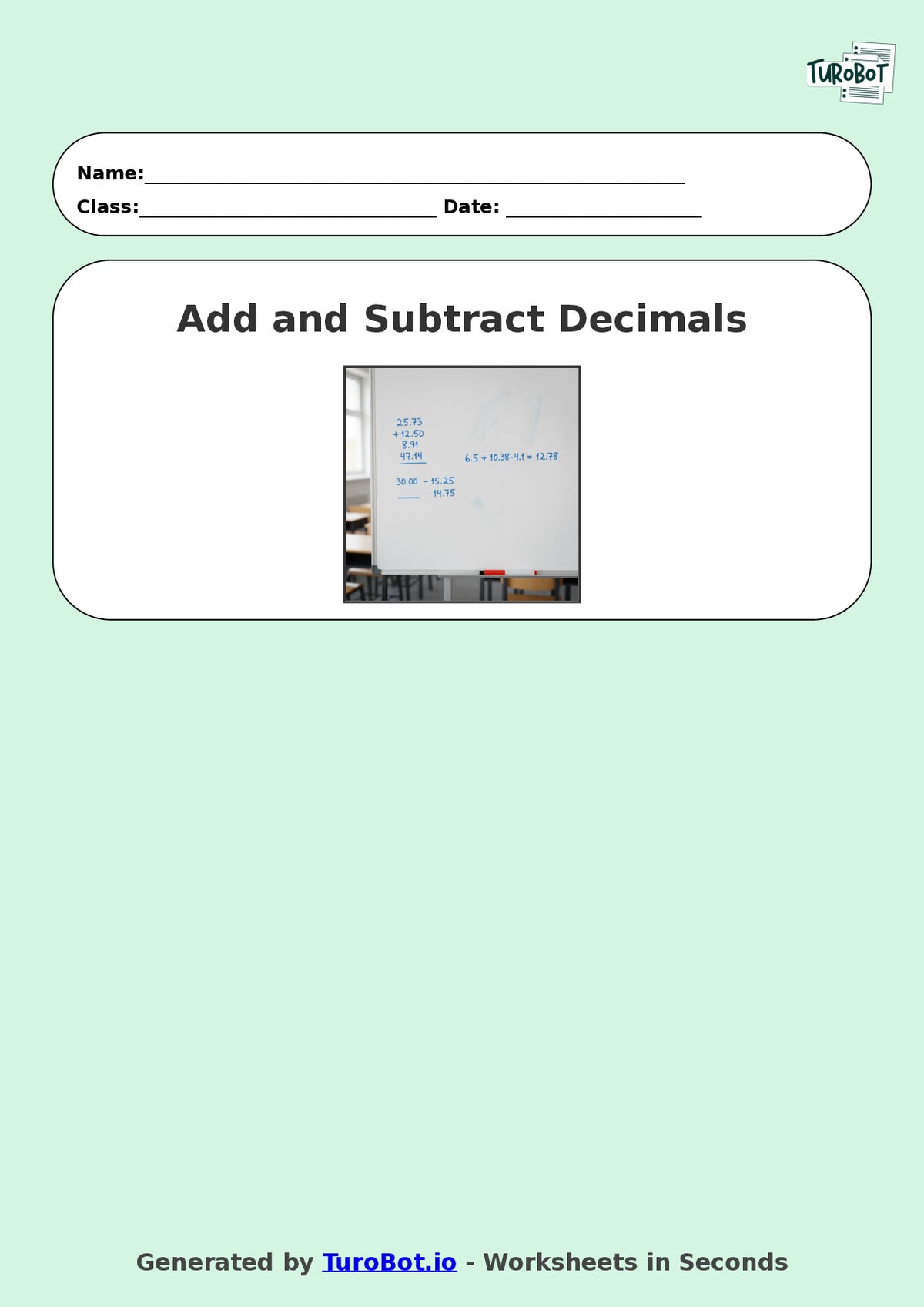 Year 9 Math Multiple Choice Worksheet – Decimal Operations - Add and Subtract 2