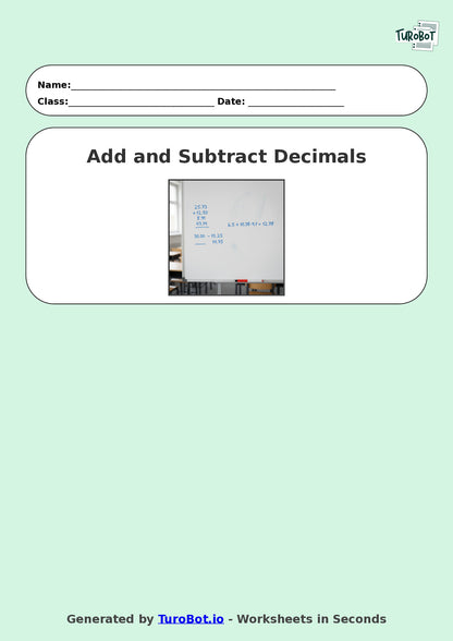 Year 9 Math Multiple Choice Worksheet – Decimal Operations - Add and Subtract 2