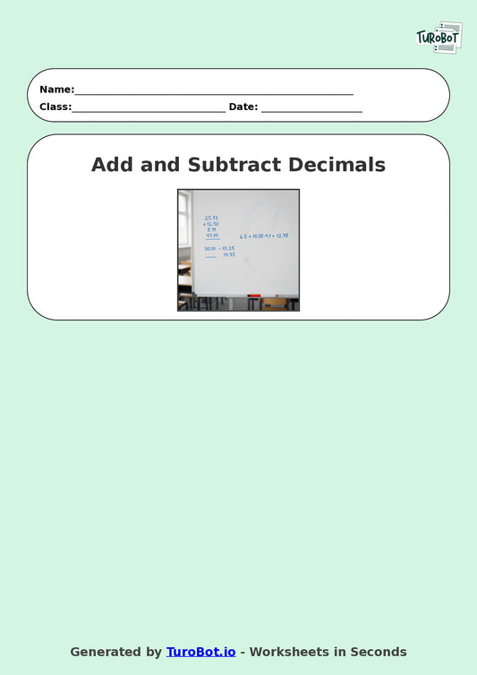 Year 9 Math Multiple Choice Worksheet – Decimal Operations - Add and Subtract 2