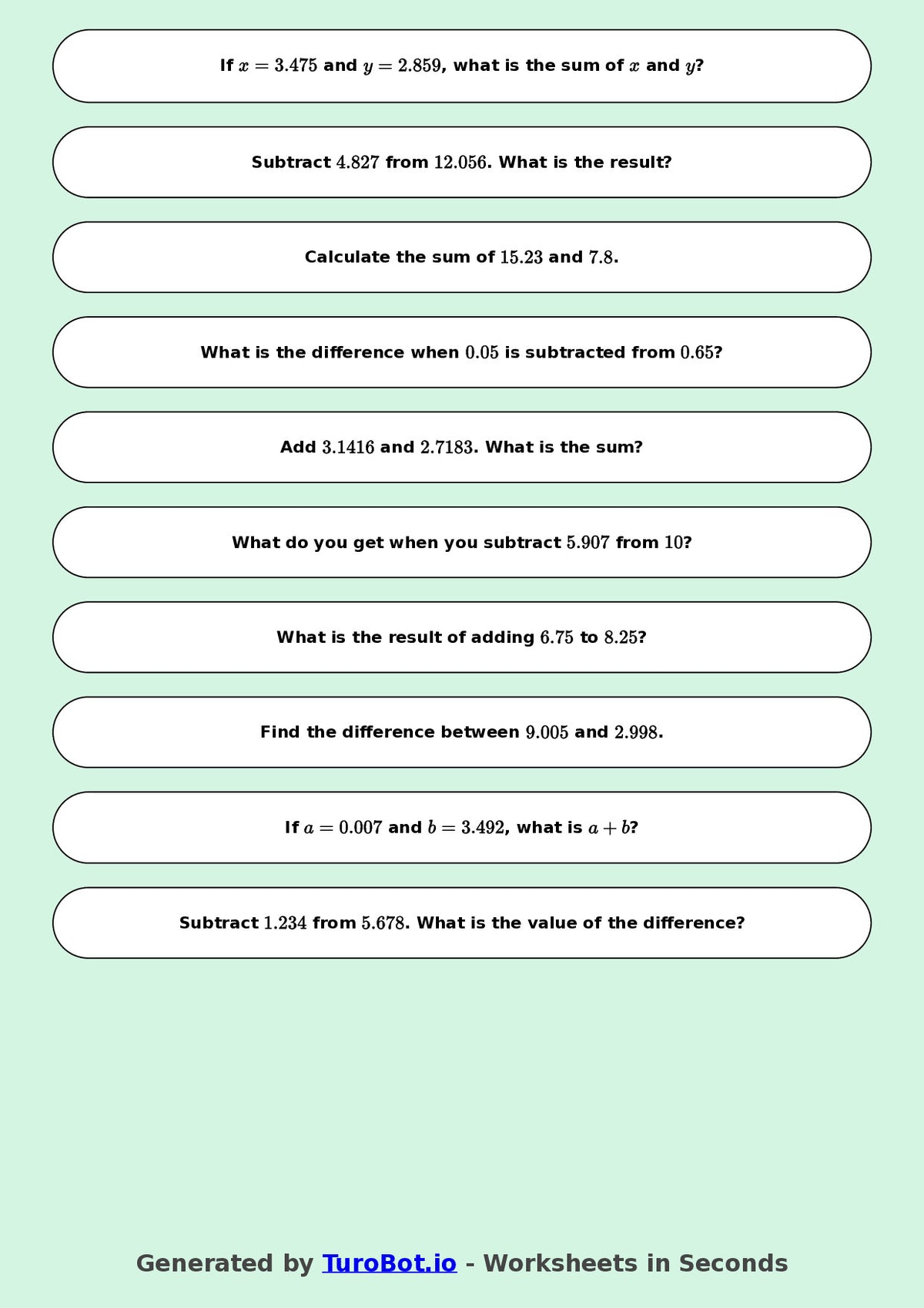Year 9 Math Multiple Choice Worksheet – Decimal Operations - Add and Subtract 2
