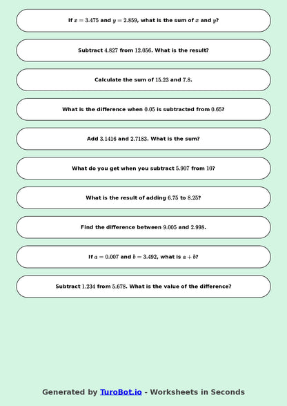Year 9 Math Multiple Choice Worksheet – Decimal Operations - Add and Subtract 2