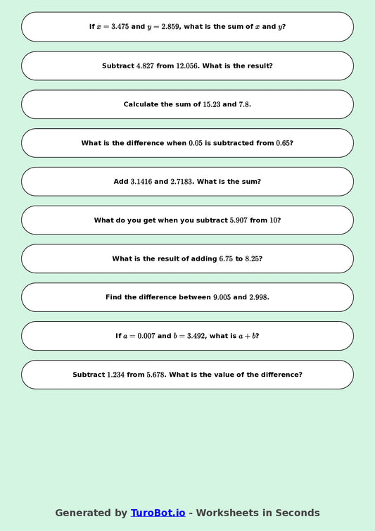 Year 9 Math Multiple Choice Worksheet – Decimal Operations - Add and Subtract 2