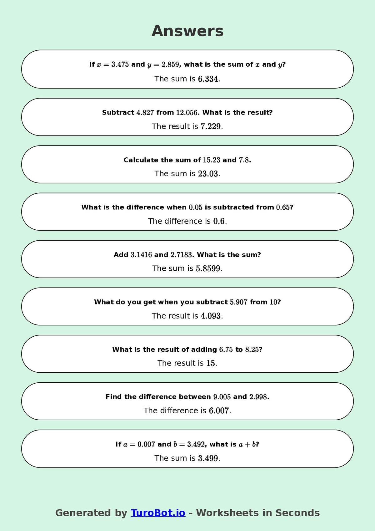 Year 9 Math Multiple Choice Worksheet – Decimal Operations - Add and Subtract 2