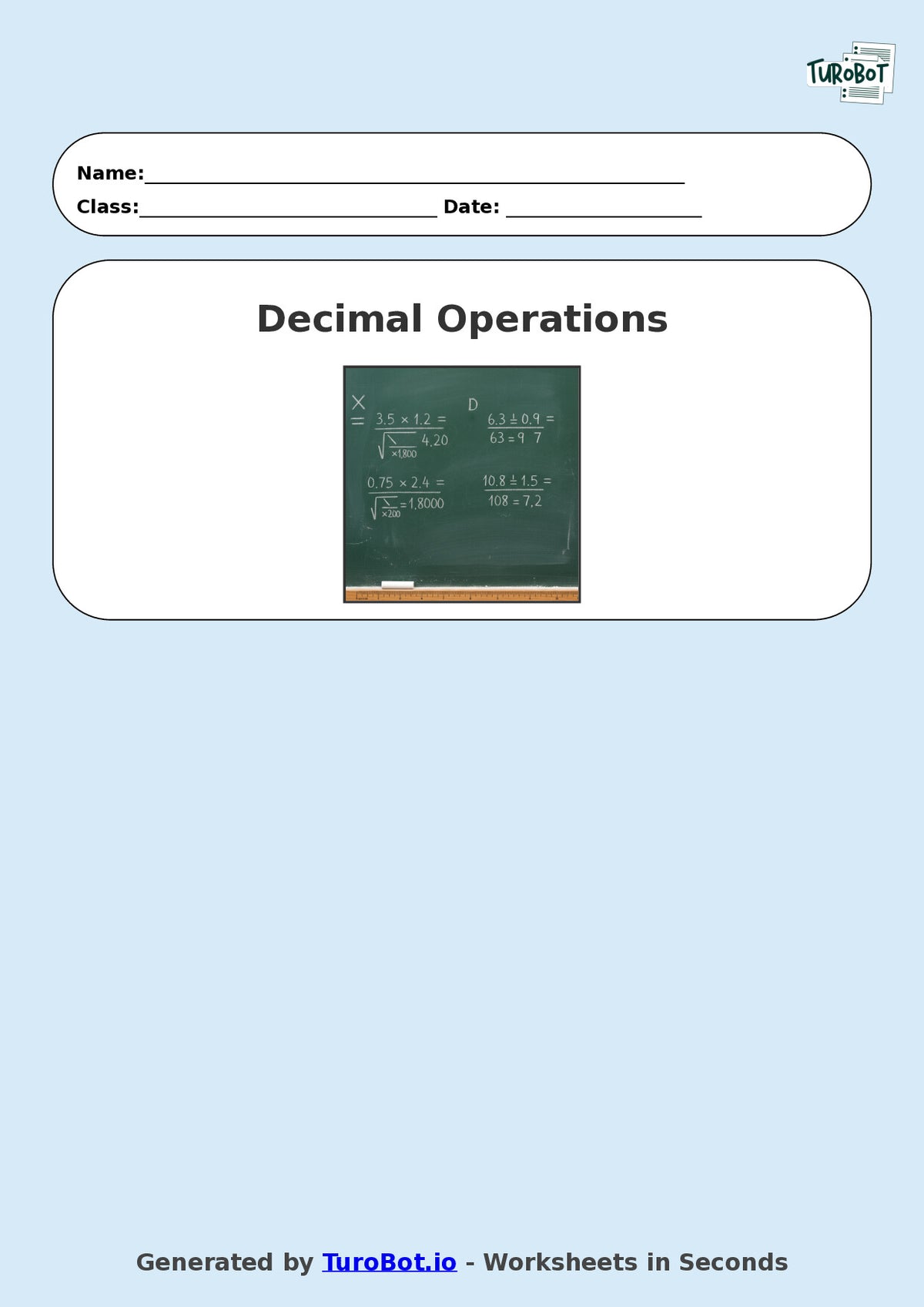 Year 9 Math Worksheet – Decimal Operations - Multiply and Divide