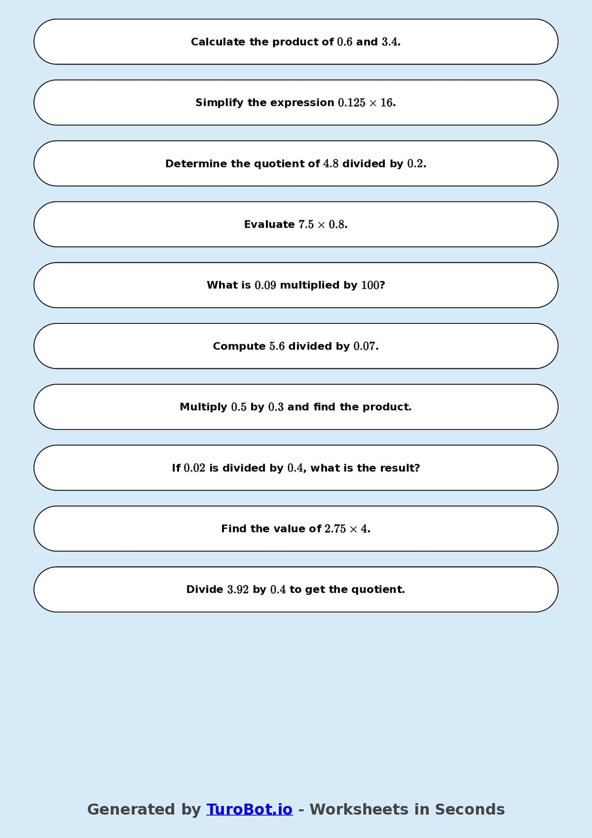 Year 9 Math Worksheet – Decimal Operations - Multiply and Divide
