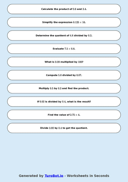 Year 9 Math Worksheet – Decimal Operations - Multiply and Divide
