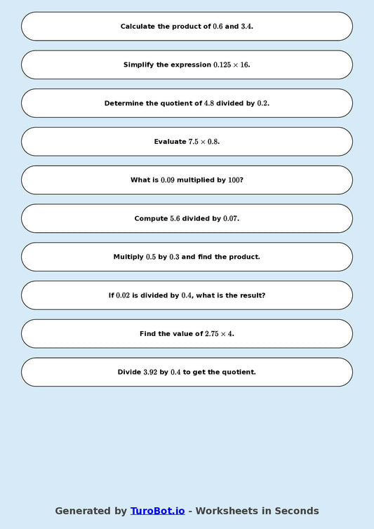 Year 9 Math Worksheet – Decimal Operations - Multiply and Divide