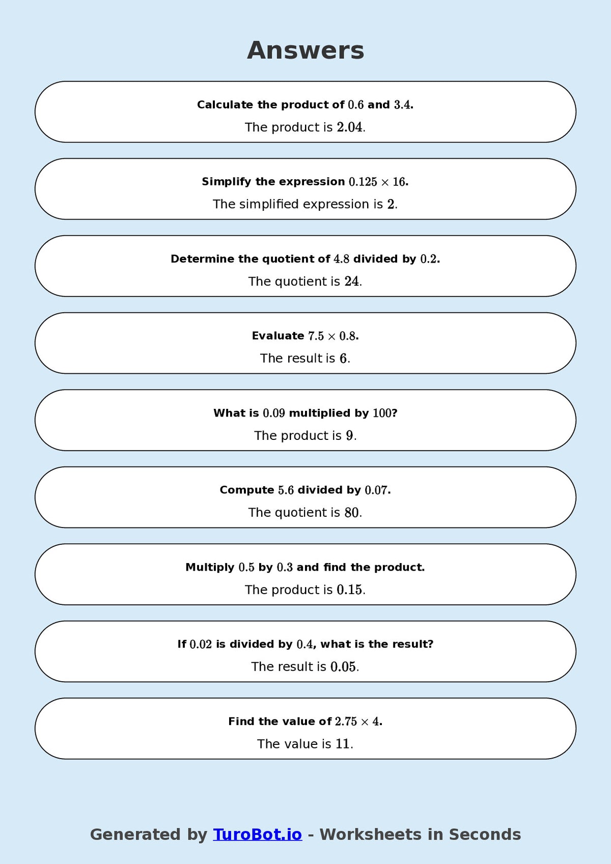 Year 9 Math Worksheet – Decimal Operations - Multiply and Divide