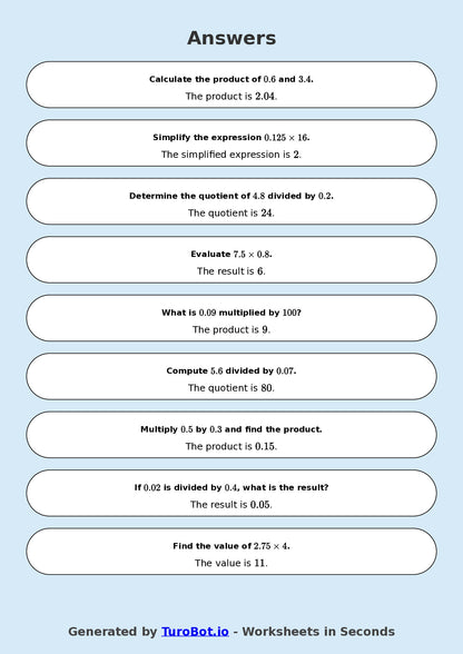 Year 9 Math Worksheet – Decimal Operations - Multiply and Divide