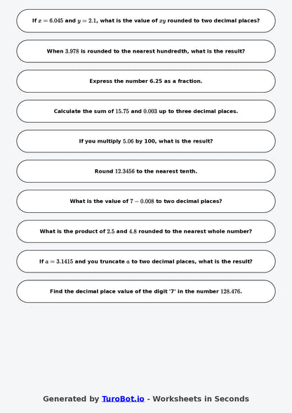 Year 9 Math Worksheet – Decimal Place Value Challenge 2