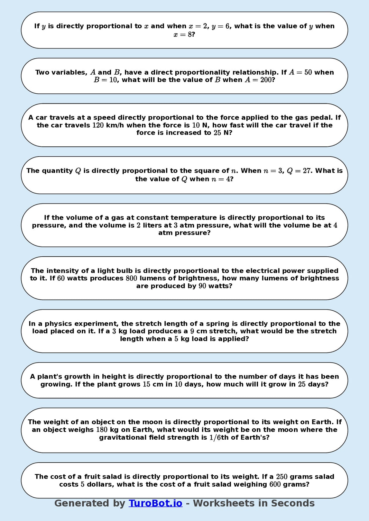Year 9 Math Worksheet – Direct Proportion Basics