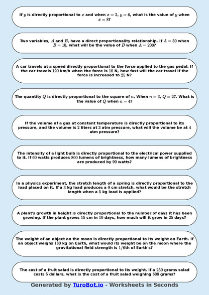 Year 9 Math Worksheet – Direct Proportion Basics