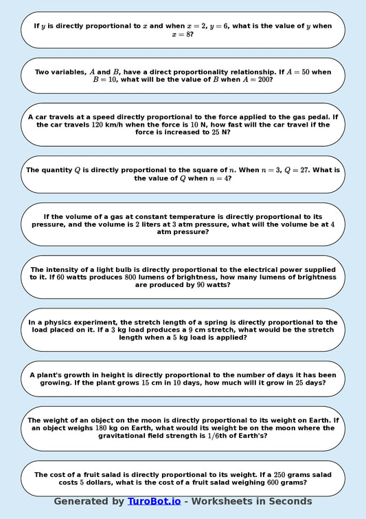 Year 9 Math Worksheet – Direct Proportion Basics