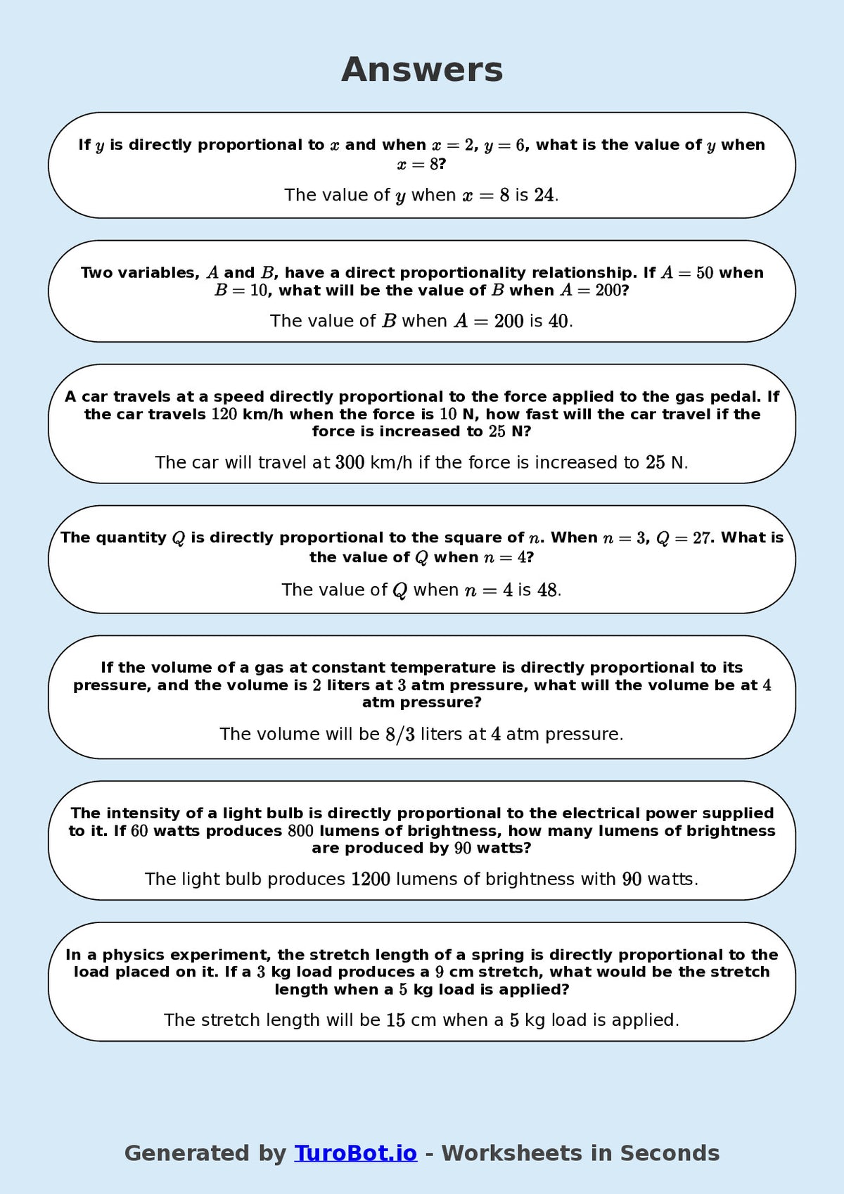 Year 9 Math Worksheet – Direct Proportion Basics