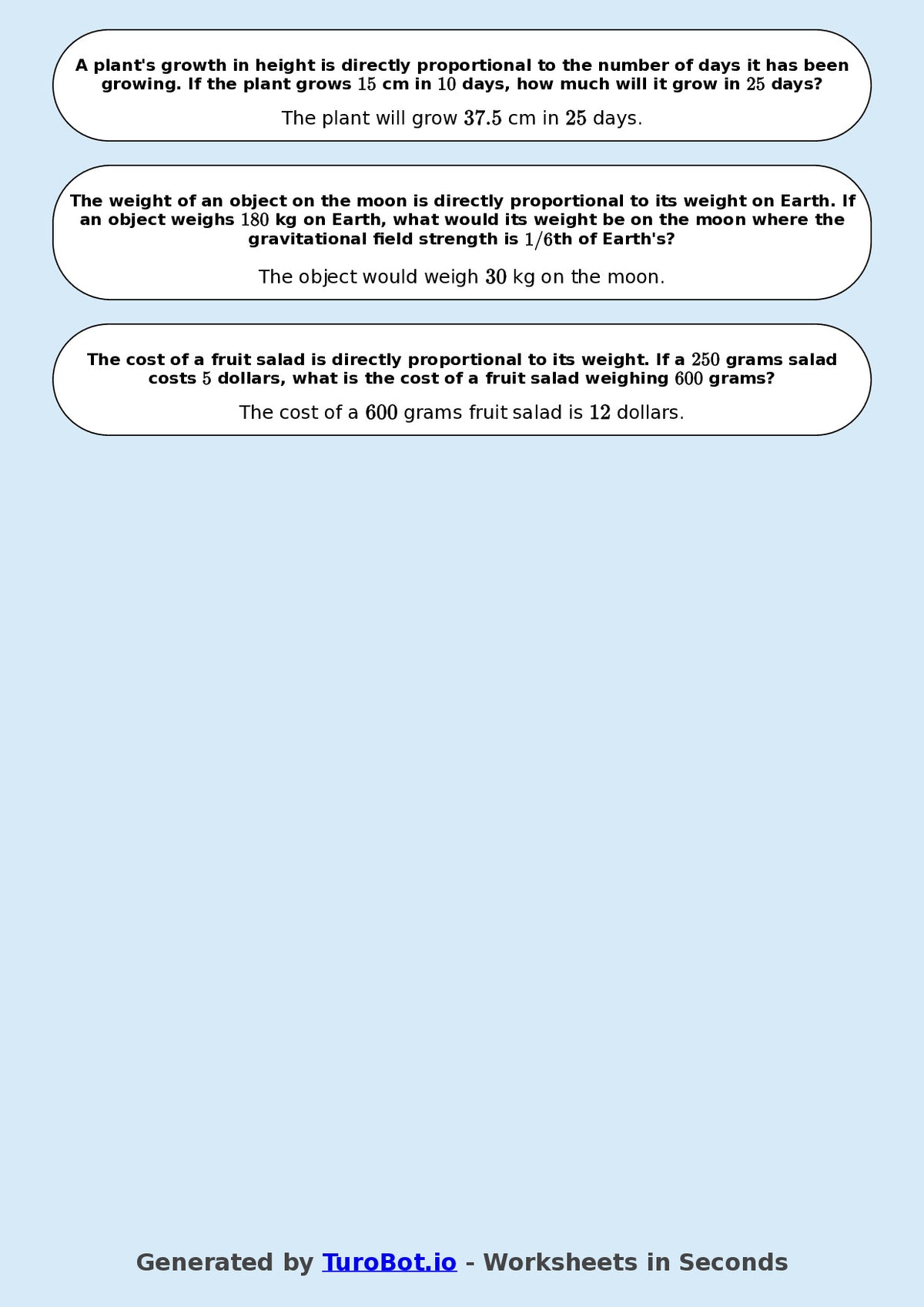 Year 9 Math Worksheet – Direct Proportion Basics