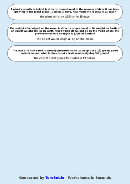 Year 9 Math Worksheet – Direct Proportion Basics