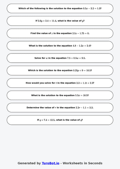Year 9 Math Worksheet – Equations with Decimals 2