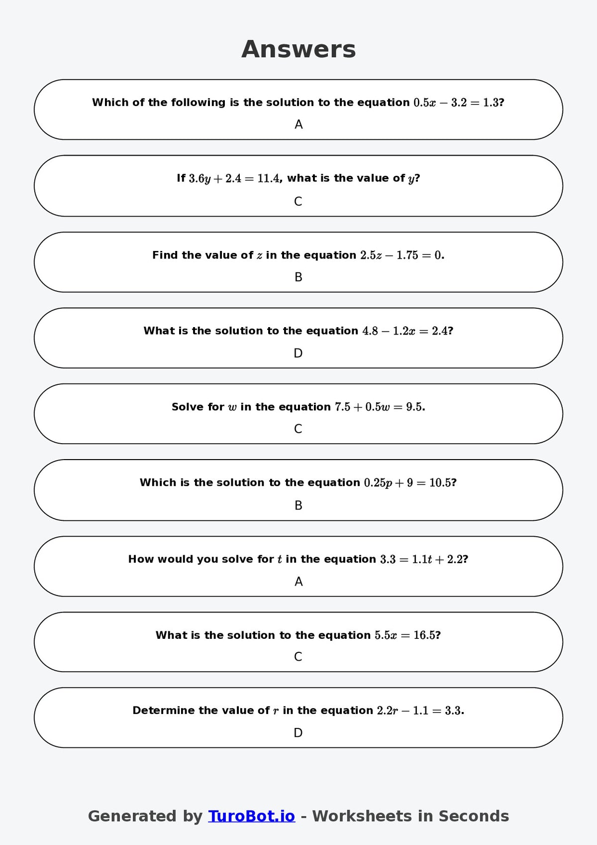 Year 9 Math Worksheet – Equations with Decimals 2