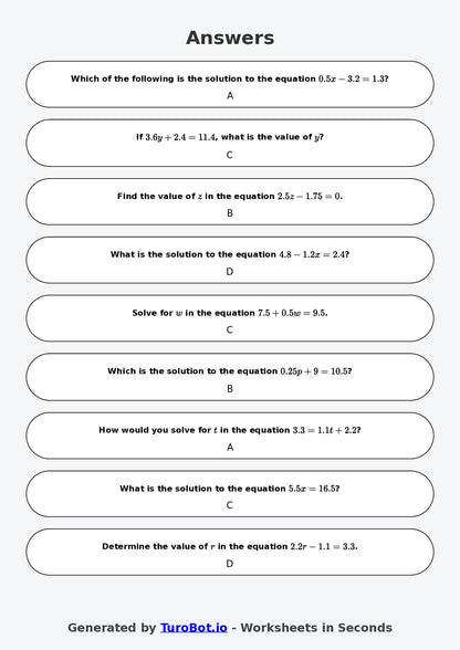 Year 9 Math Worksheet – Equations with Decimals 2