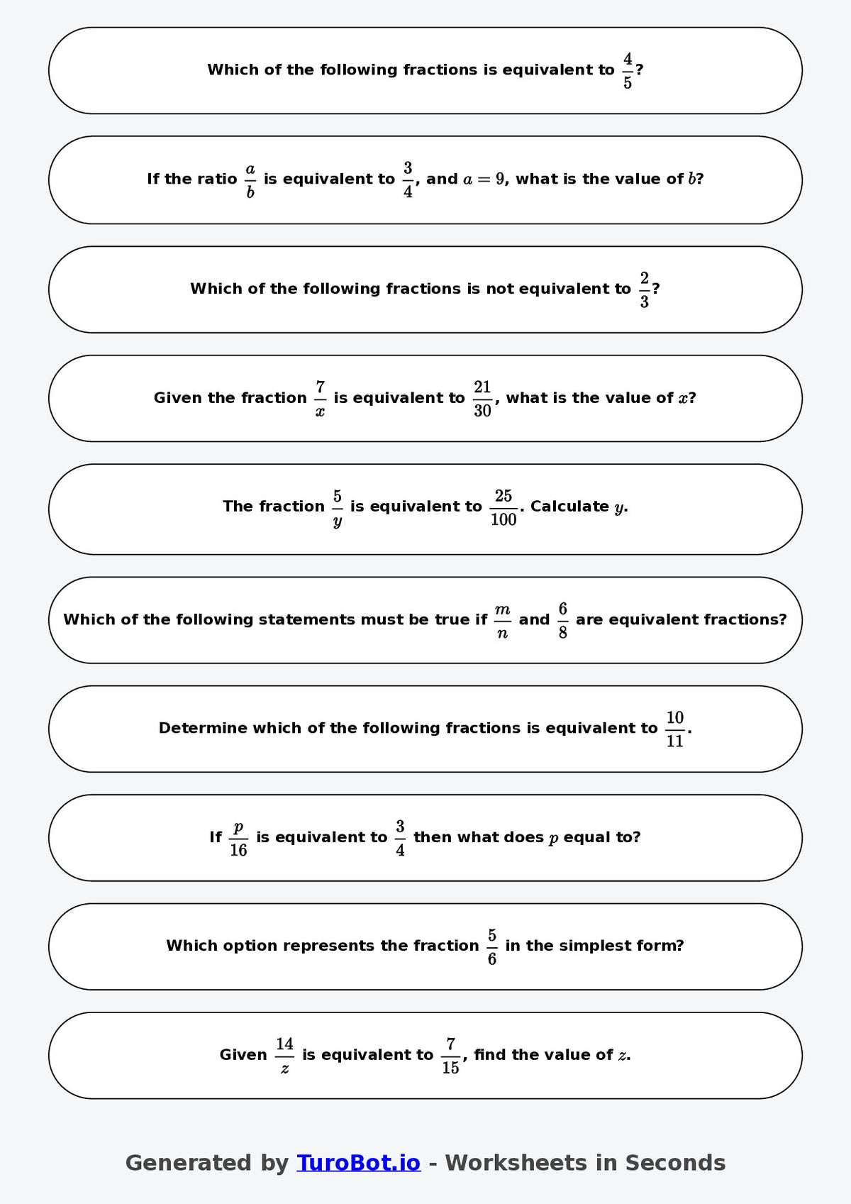 Year 9 Math \Worksheet – Equivalent Fractions
