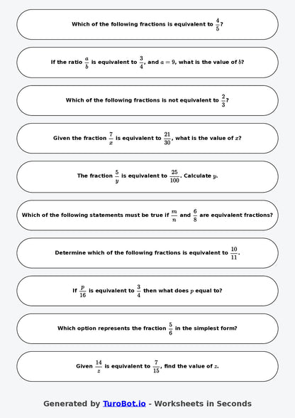 Year 9 Math \Worksheet – Equivalent Fractions