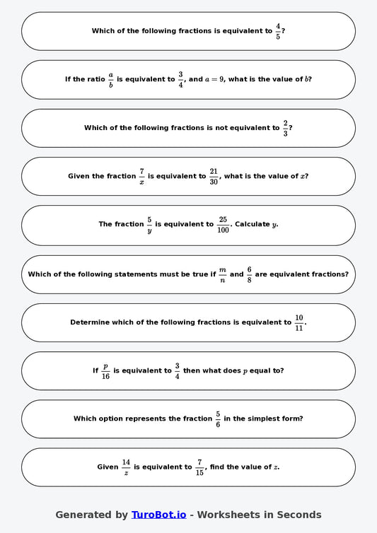 Year 9 Math \Worksheet – Equivalent Fractions