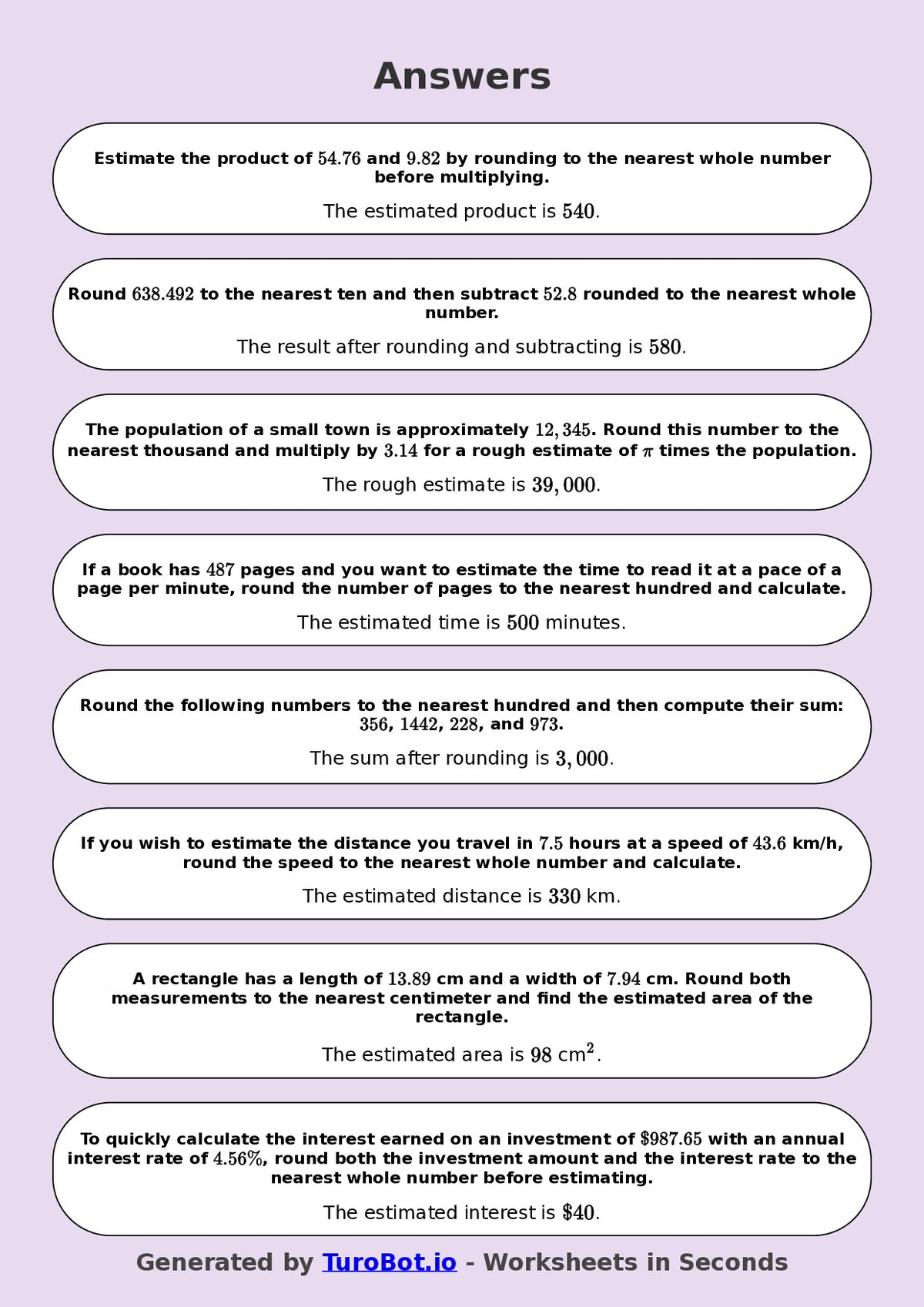 Year 9 Math Worksheet – Estimation and Rounding 2