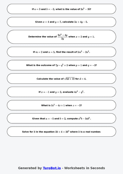 Year 9 Math Worksheet – Evaluating Algebraic Expressions