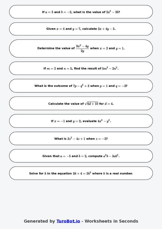 Year 9 Math Worksheet – Evaluating Algebraic Expressions
