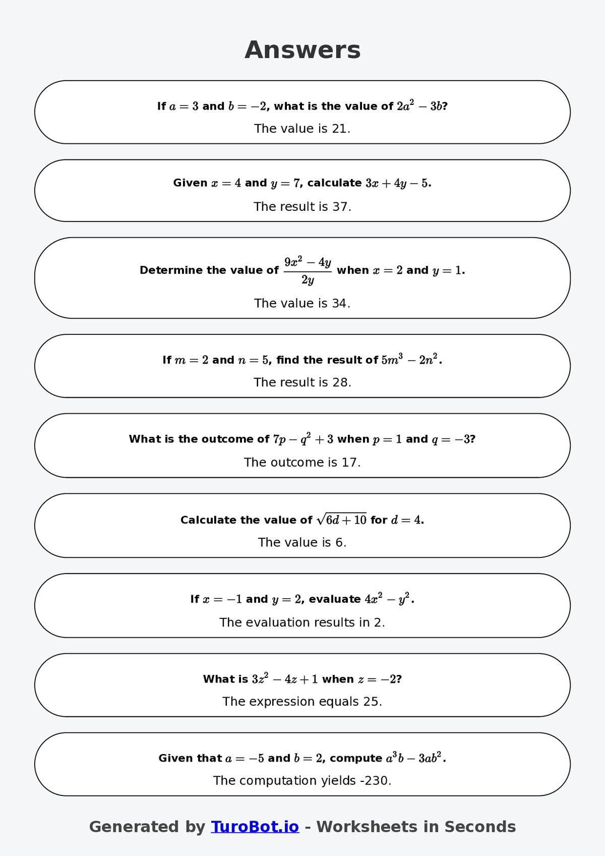 Year 9 Math Worksheet – Evaluating Algebraic Expressions