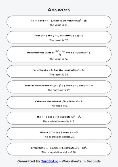 Year 9 Math Worksheet – Evaluating Algebraic Expressions