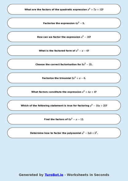 Year 9 Math Multiple Choice Worksheet – Factorising Basic Expressions 2