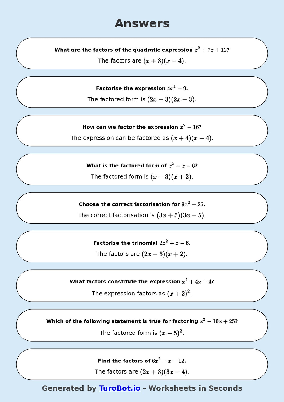 Year 9 Math Multiple Choice Worksheet – Factorising Basic Expressions 2
