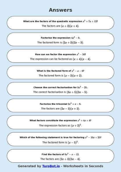 Year 9 Math Multiple Choice Worksheet – Factorising Basic Expressions 2