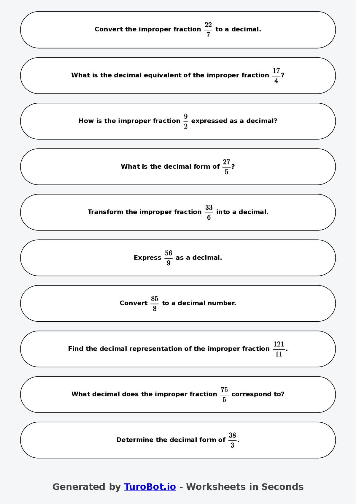 Year 9 Math Worksheet – Improper Fractions to Decimals